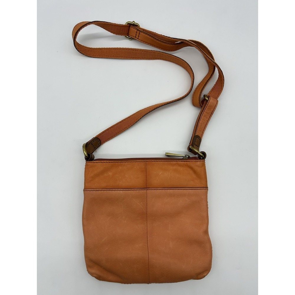Vintage Fossil Leather Crossbody Bag Orange Pebbled Square Multi Zip Boho Hippie - Picture 6 of 10